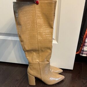 Lulus Tan Croc-Embossed Knee-High Boots